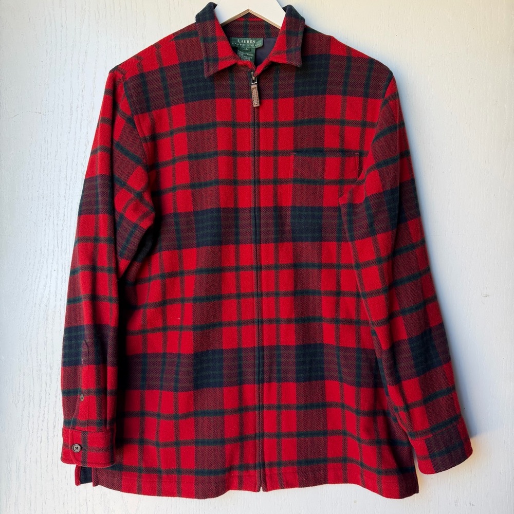 Vintage Ralph Lauren Women's Lambswool Zip Up Plaid Jacket Coat Cardigan Size L